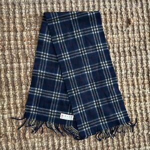 Erdos Pure Cashmere Plaid Fringe Scarf Navy Gray Red - 11”x50”